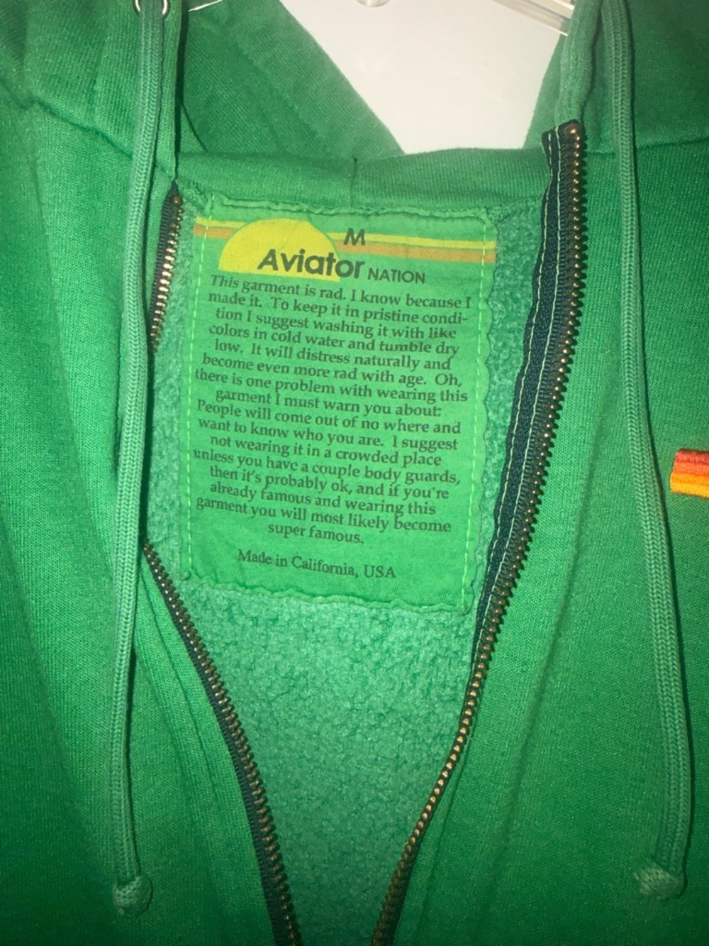 Aviator Nation Green Zip Hoodie with Rainbow Hem - Picture 3 of 3